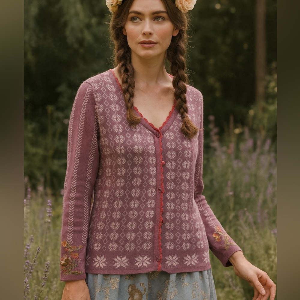 April Cornell Scalloped Floral Embroidered Knit Cardigan Cottagecore - REPOSH